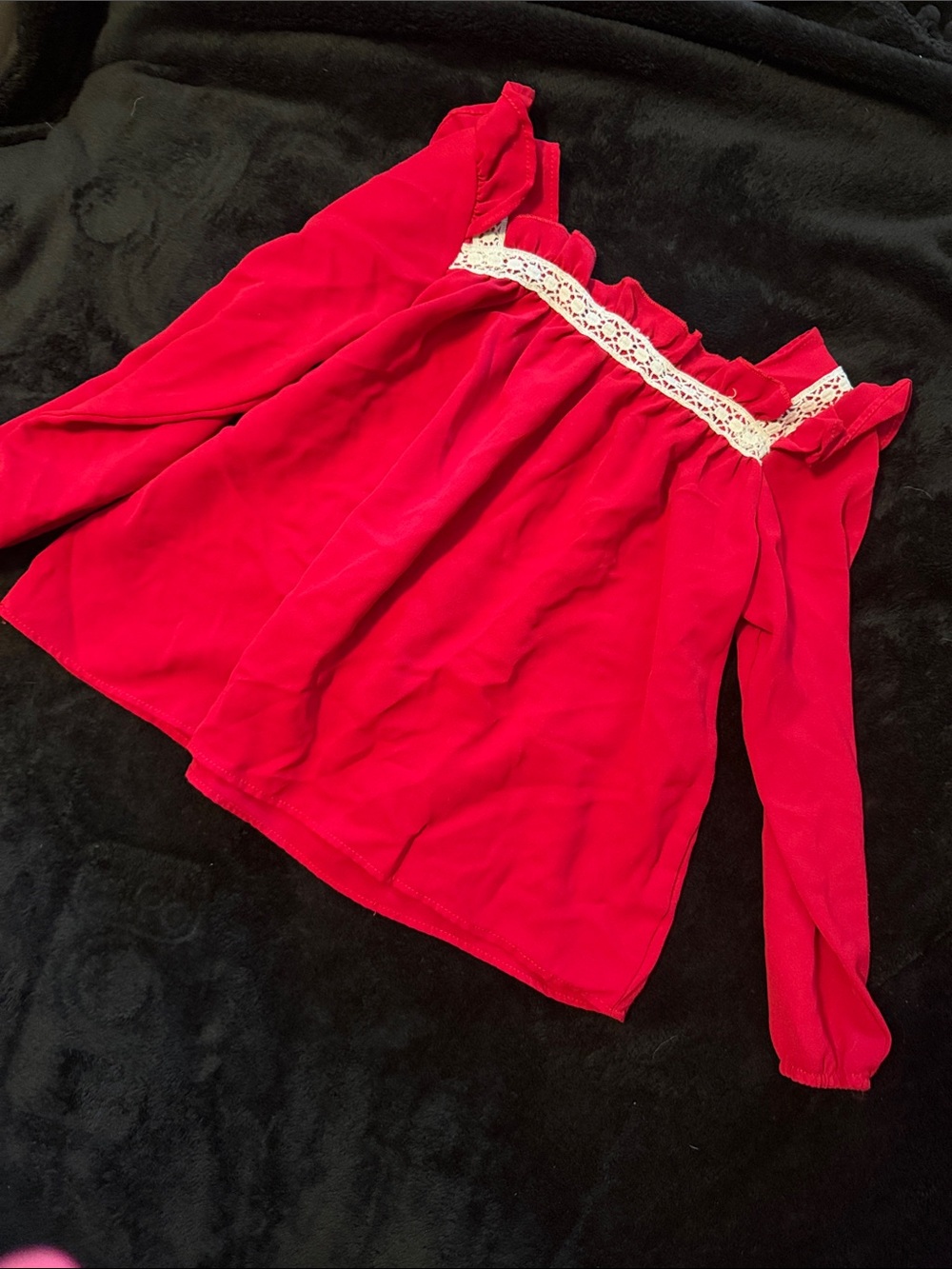 Girls Red Off-Shoulder Top with Lace Trim